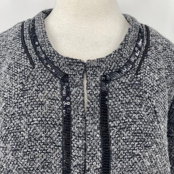 Cynthia Rowley Sweater Coat Tweed Wool Collarless Sequined Piping Grey Womens L - Picture 5 of 10